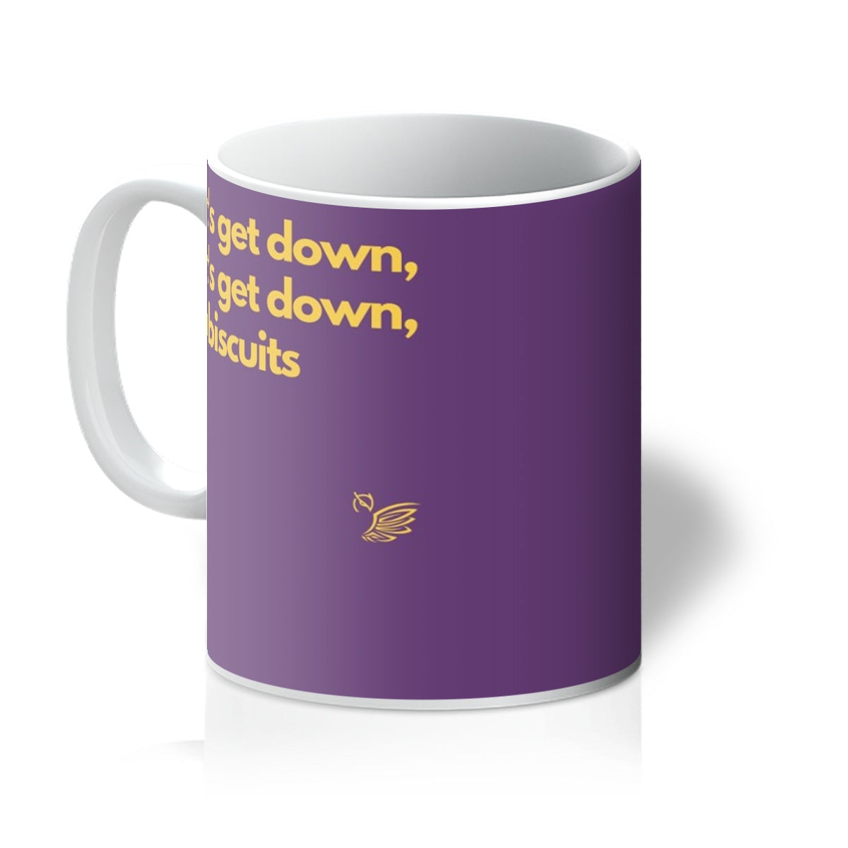 let's get down to biscuits mug purple left
